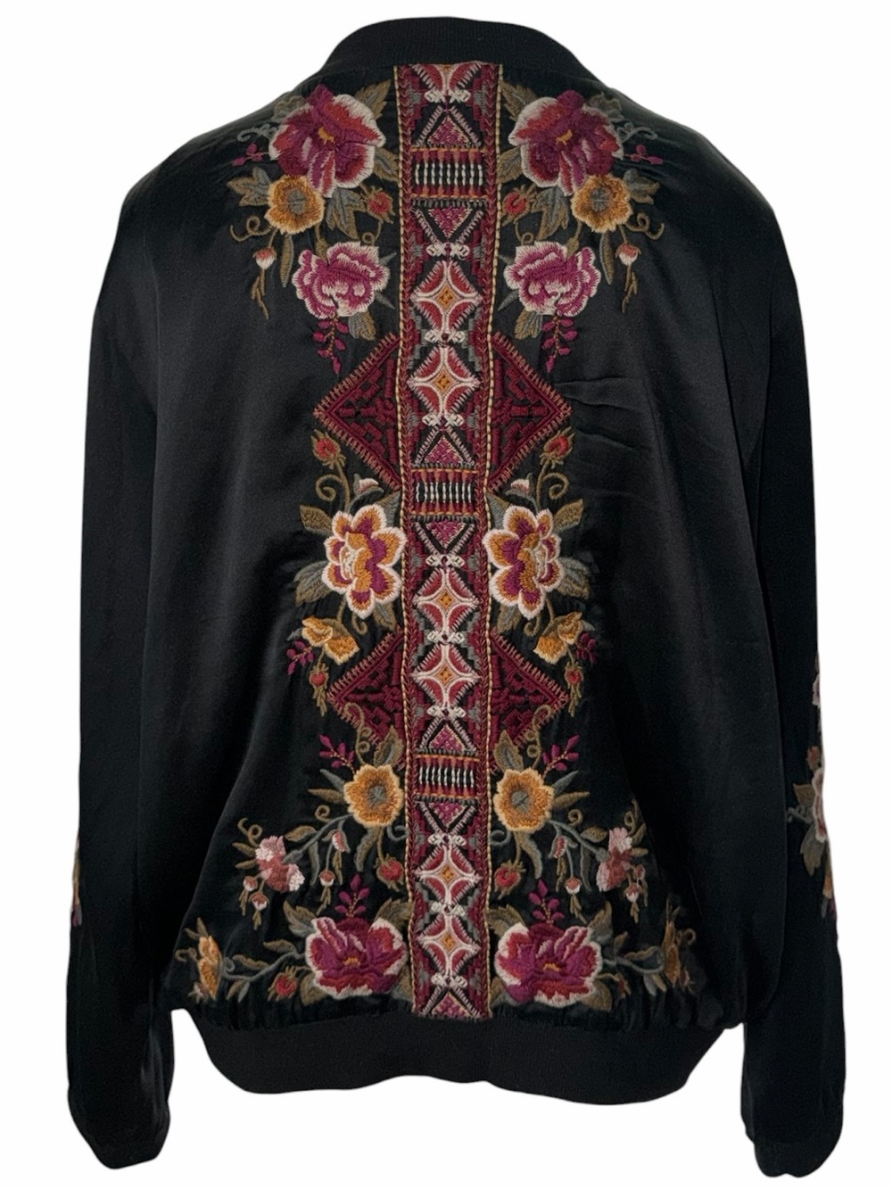 Johnny Was Black Nepal Silk Blend Bomber Jacket with Floral Embroidery L - Picture 1 of 14